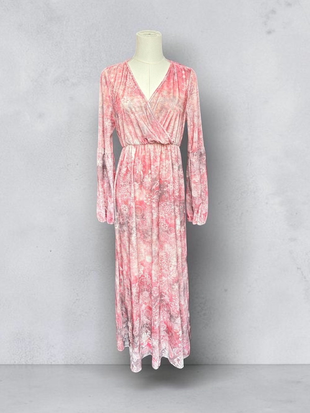 Pink Long Sleeve Maxi Dress - Feminine V-Neck Wrap